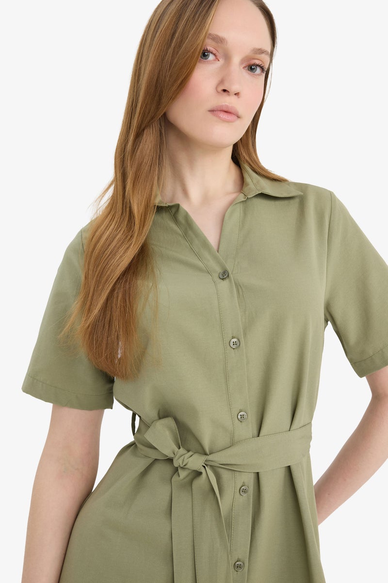 DeFacto Green Woman A Cut Shirt Collar Poplin Batwing Dress Casual - Image 3
